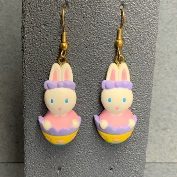 Easter Bunny Pierced Earrings Egg Pastel Dangle White Pink Purple Yellow Blue - Picture 1 of 4